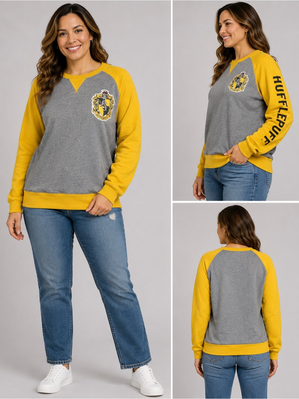 Harry Potter Hufflepuff Sweatshirt Womens L Yellow Gray Crest Spell Out Sleeve